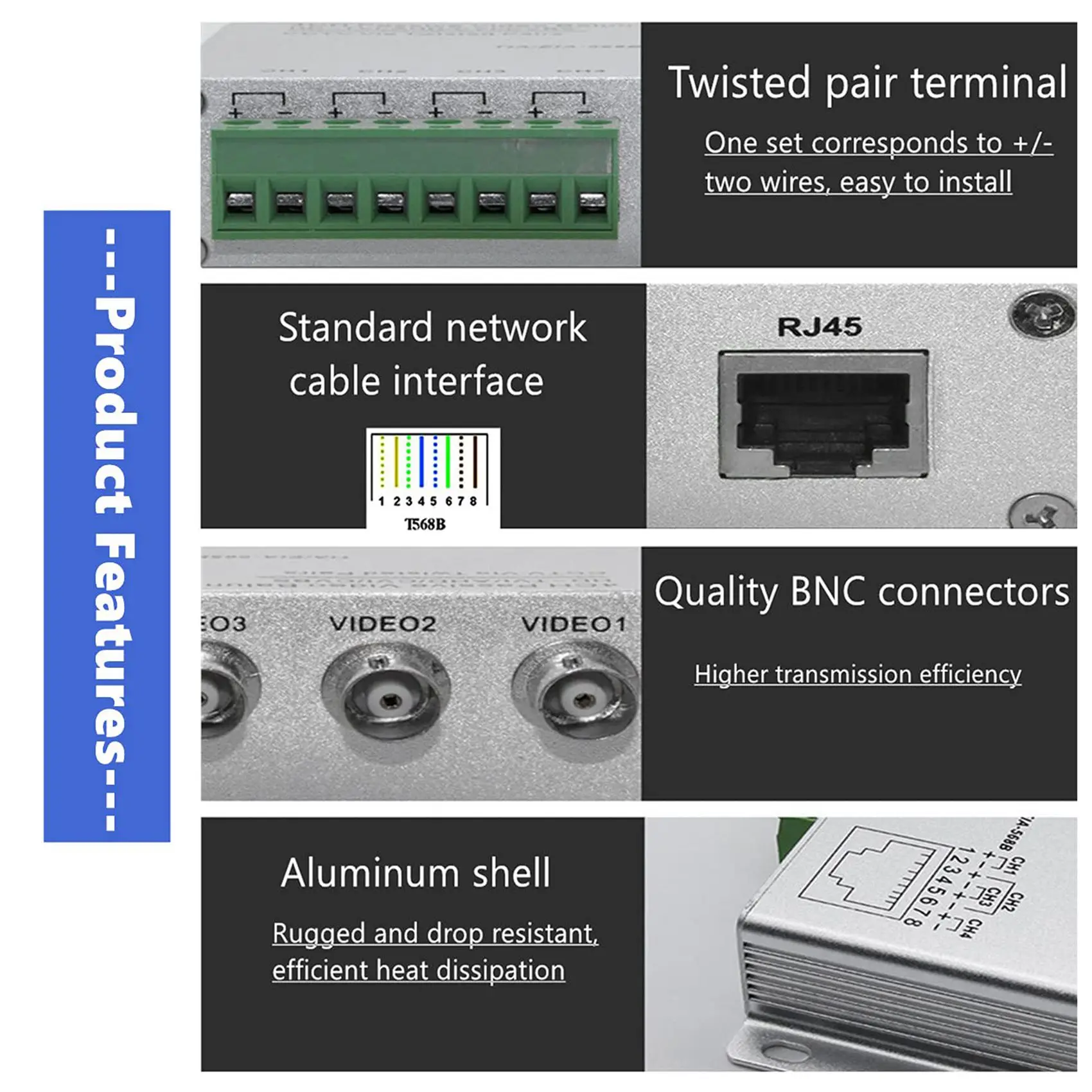 8-CH ตัวรับส่งสัญญาณวิดีโอแบบพาสซีฟ UTP 720P/1080P HD, BNC ไปยัง Cat5/5E/6 RJ45(T568B)UTP Cable Converter Video Transmitter