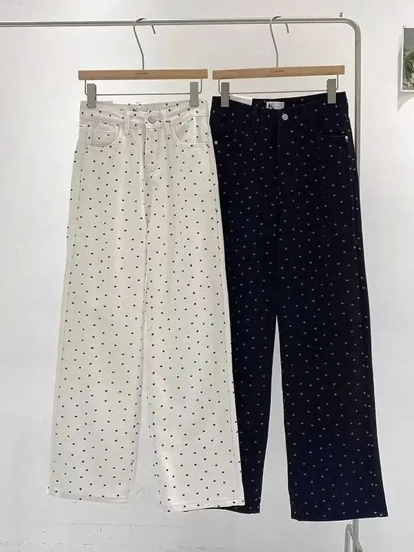 

2026 New Fashionable Versatile Polka Dot Straight Leg Jeans Women High Waist Slimming Nine Point Loose Casual Pants