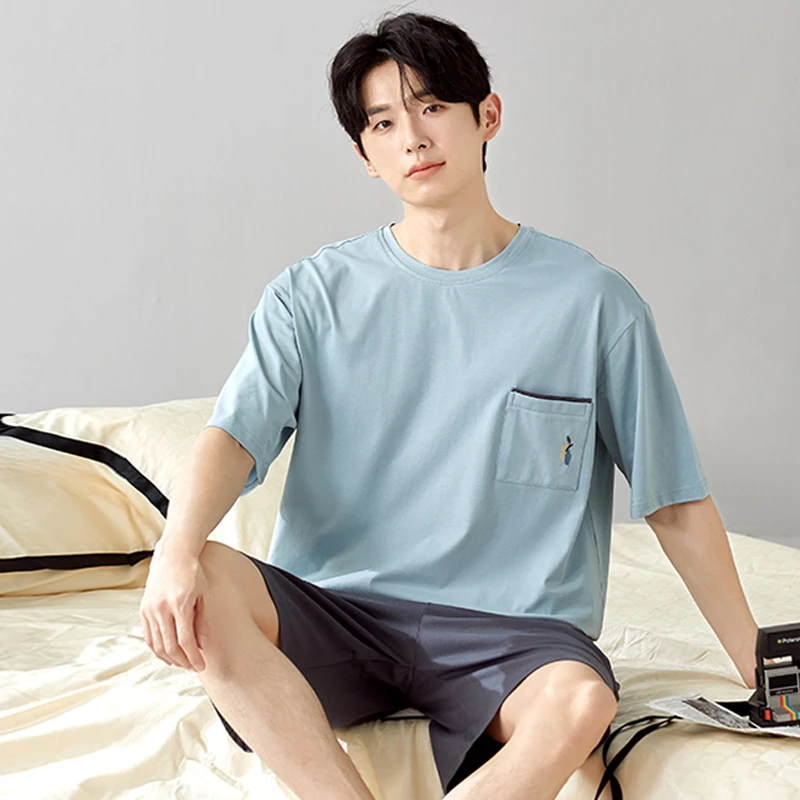 Pajamas Men's Summer Cotton Short Sleeve Youth Casual Sportswear Summer Thin Boys Student Loungewear pijama hombre verano