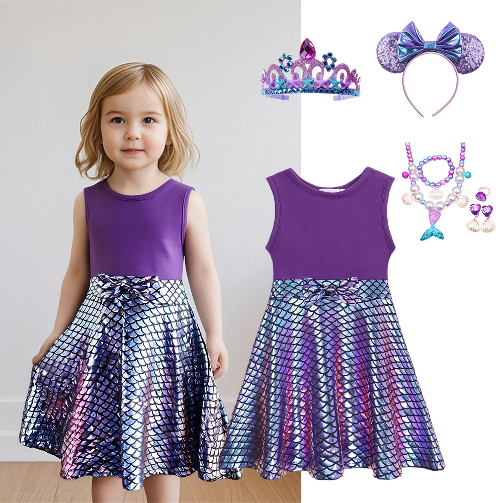 

Kids Girl Mermaid Sleeveless Dress 2025 Summer A-Line Casual Patchwork Skirt Sequin Bow Cotton Baby Kids Princess Clothing 2-8T