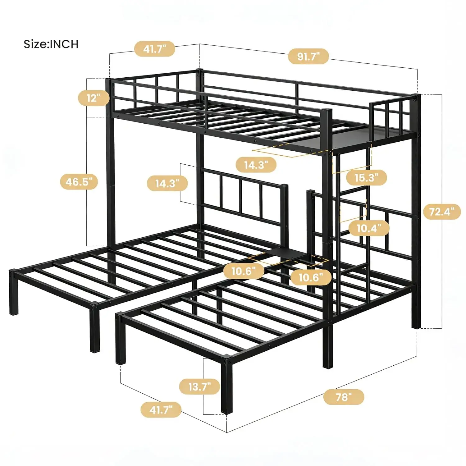 Triple Bunk Bed Twin XL Over Twin & Twin with Adjustable Ladder | Converts to 3 Beds, Heavy Duty Bed Frame,, Customized