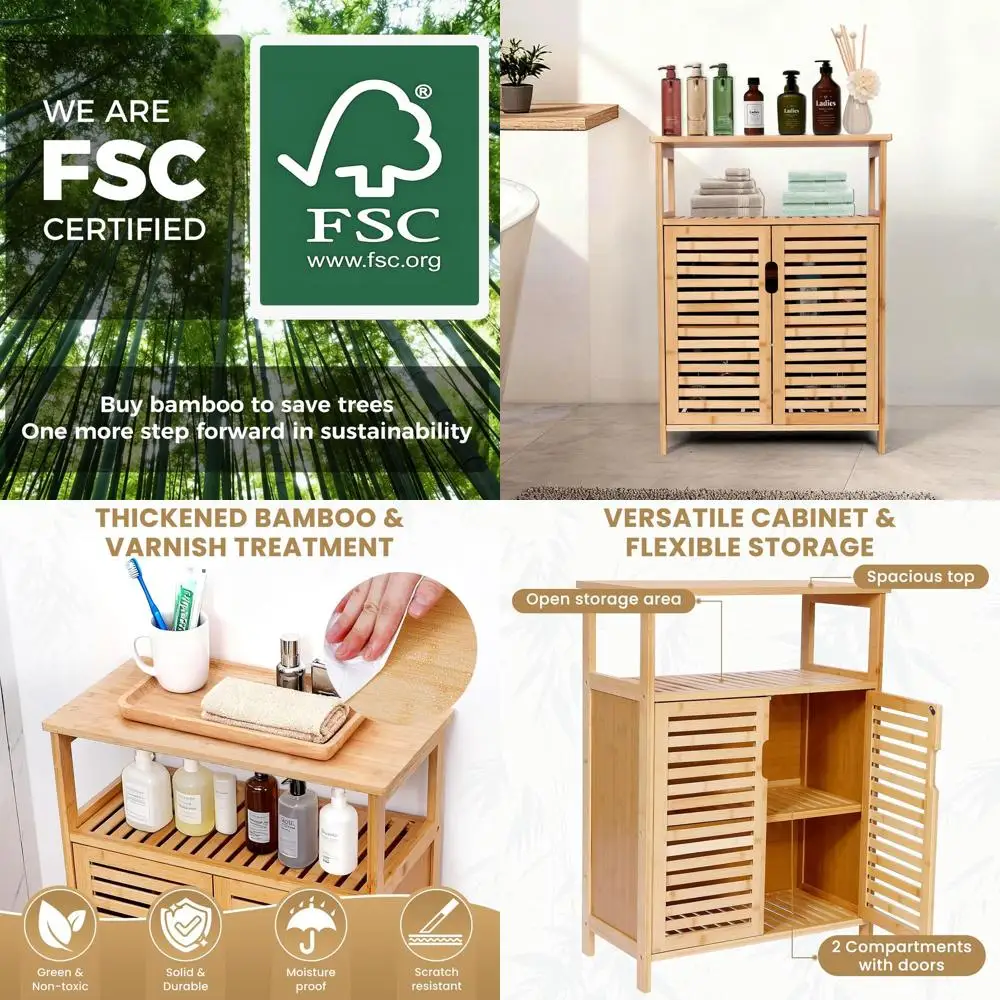 

Multi-Purpose Bamboo Storage Cabinet with Door and Shelves for Home Spaces