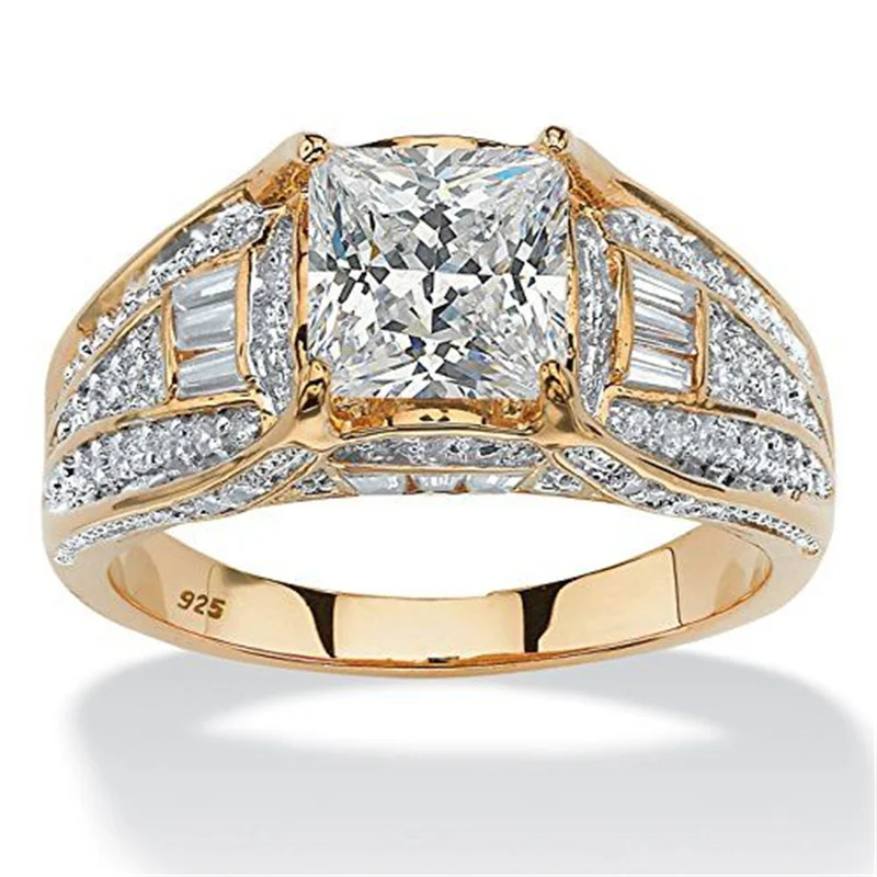 Modischer, klassischer, vergoldeter Fingerring für Damen, luxuriöser, funkelnder, synthetischer Zirkonia-Verlobungsring, Zeremonie-Schmuck, Kunsthandwerk