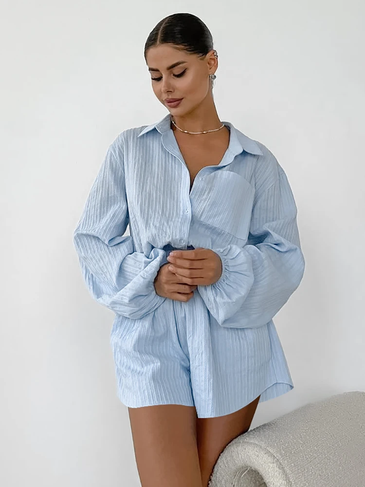 HiLoc Blue Pure Cotton Pajamas For Women Oversize Shirts With Shorts Two Pieces Nightwaer Outfits Autumn Winter 2024 Loose Sets