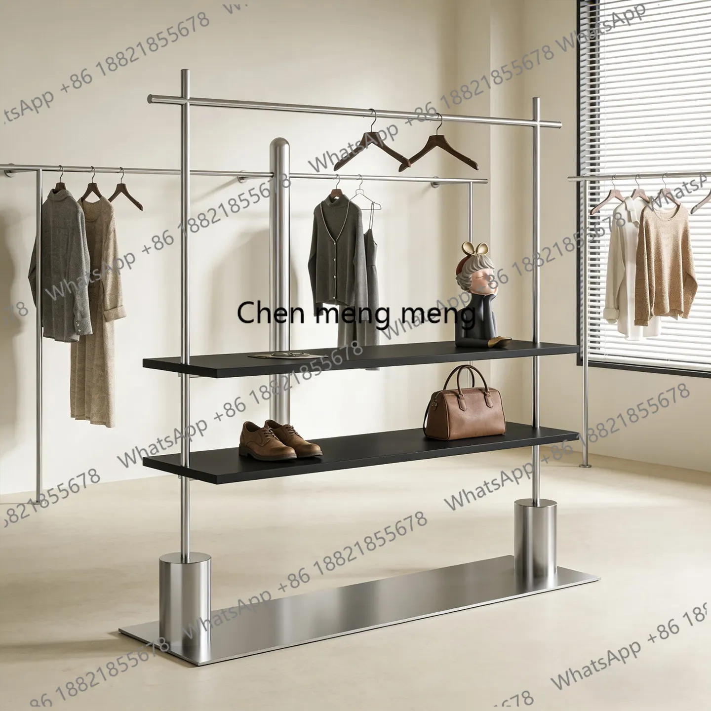 

Clothing store display rack floor-to-ceiling stainless steel, hanging clothes, store-specific display shelves