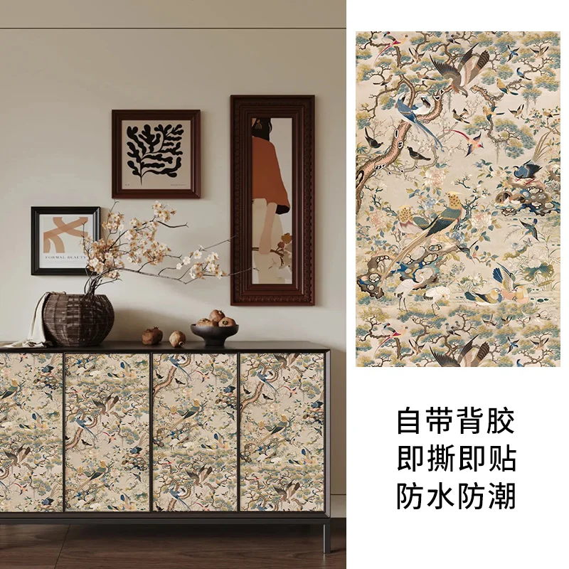 ورق جدران Chinoiserie قابل للتقشير واللصق، ورق حائط ذاتي اللصق قابل للإزالة، ورق اتصال عتيق لطيور الأزهار لخزانة غرفة النوم