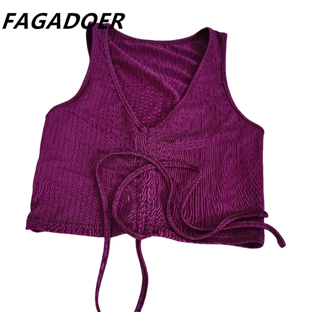 FAGADOER Sexy Deep V Drawstring Two Piece Sets For Women Deep V Sleeveless Slim Top And Pants Outfits Female 2pcs Clothing 2024