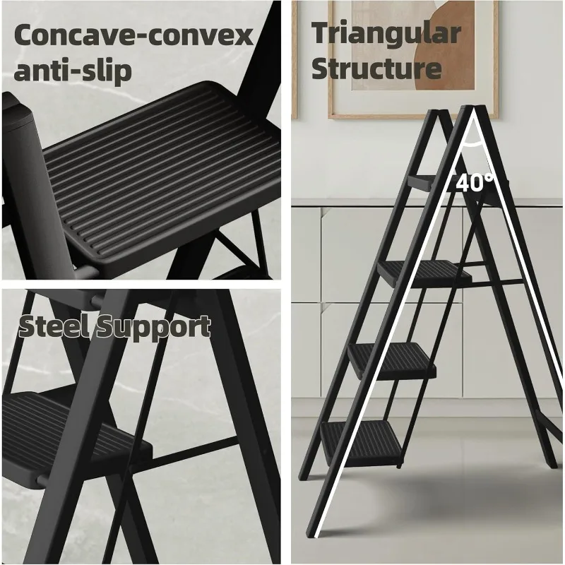 Escalera de 4 escalones, escalera plegable liviana con pedal ancho antideslizante, taburete portátil de acero multiusos para adultos