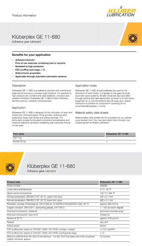 Lubrificante viscoso especial para engrenagens Kluberplex GE 11-680 1kg.
