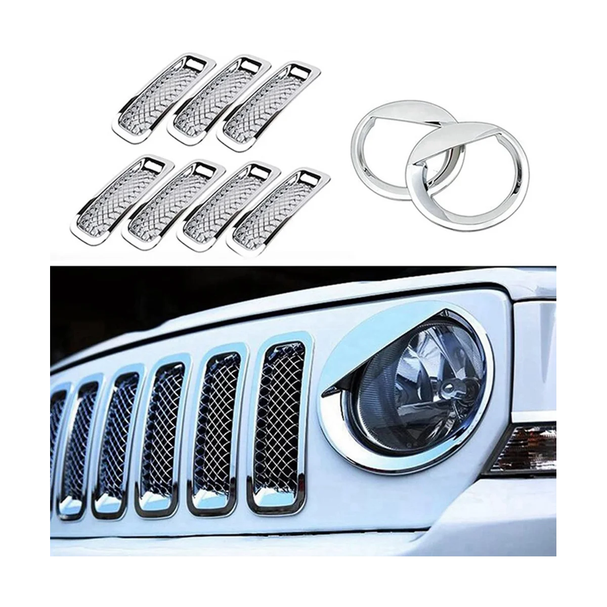 9Pcs Front Grille Mesh Trim+Head Light Cover Trim Bezels for Jeep Patriot 2011-2017