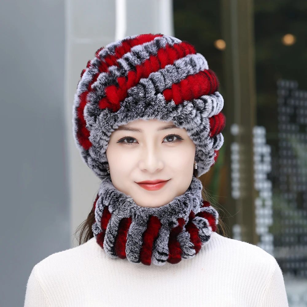 2026 Women Real Rex Rabbit Fur Hat Scarf Sets Natural Warm Rex Rabbit Fur Scarves Hat Winter Lady Real Rex Rabbit Fur Hat Scarf
