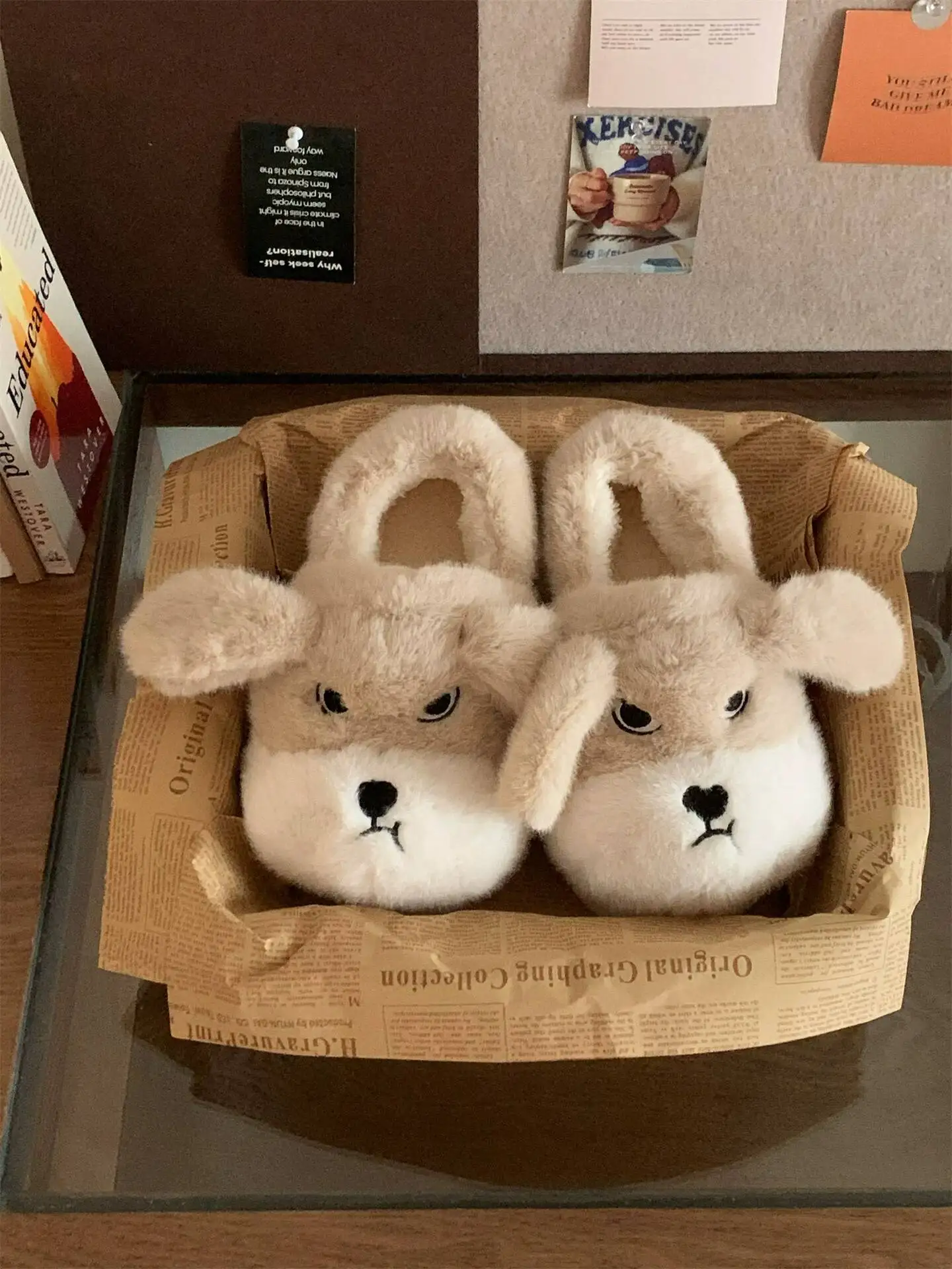 2026 Winter Couple Cute Furry Slippers Men Women Warm Closed Back Home Non Slip Unique Grumpy Dog Design Indoor Cotton Shoes