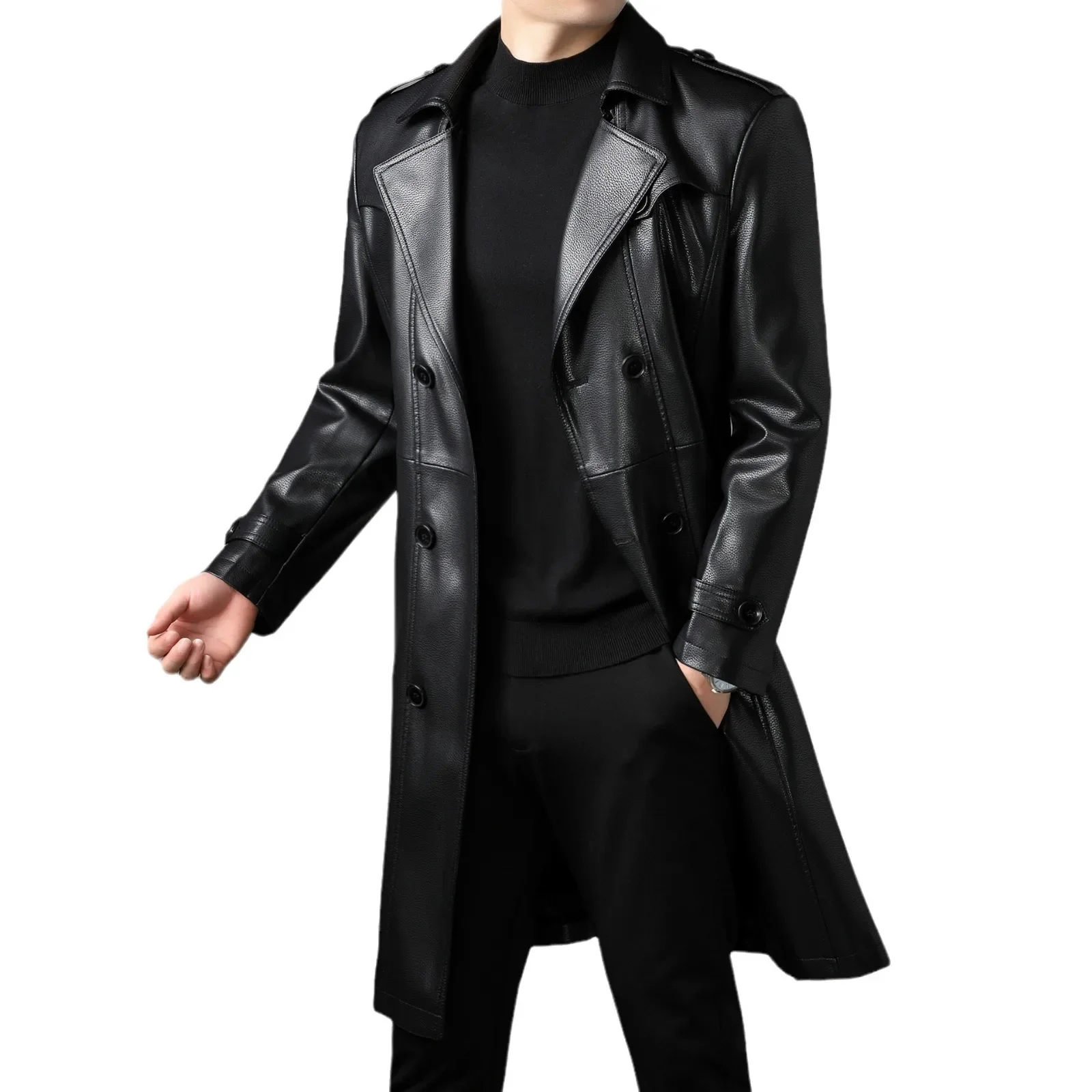 High Quality Knee-Length Men\'s Leather Overcoat for Autumn & Winter Double Breasted  Business Windbreaker Leather Coats PU-026