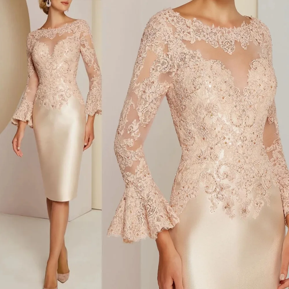 

Gorgeous Champagne Long Sleeve Mother of the Bride Dresses Lace Bateau Neck Beads Wedding Guest Gowns Knee Length 2022