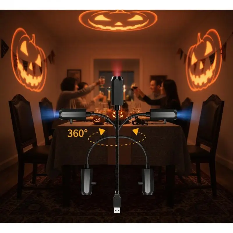 USB Halloween Projector Lamp 6 Dynamic Rotatable Patterns LED Atmosphere Light for Holiday Party Outdoor Decor