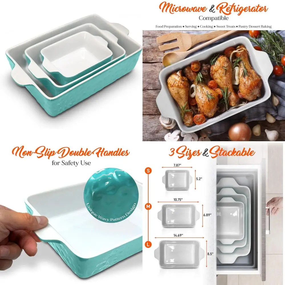 

3-piece ceramic casserole dishes for oven - porcelain bakeware dishes w/premium non-stick coating & built-in handles - dishwash