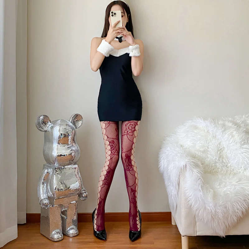 

Бордовые чулки FishnetStockings, тонкие полые жаккардовые носки интернет-знаменитостей, черные шелковые чулки с цветочным узором, базовые носкиJKStockings