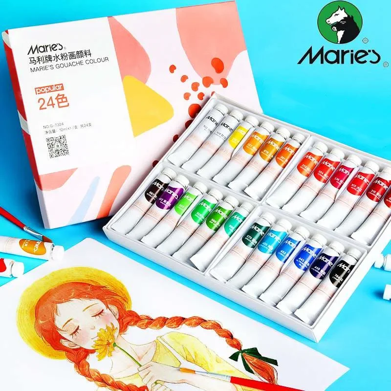 Maries 12ml Gouache Paint Tube Set Non-Toxic Washable Gouache Pigment for Beginners Painting Drawing Kids Art Supplies