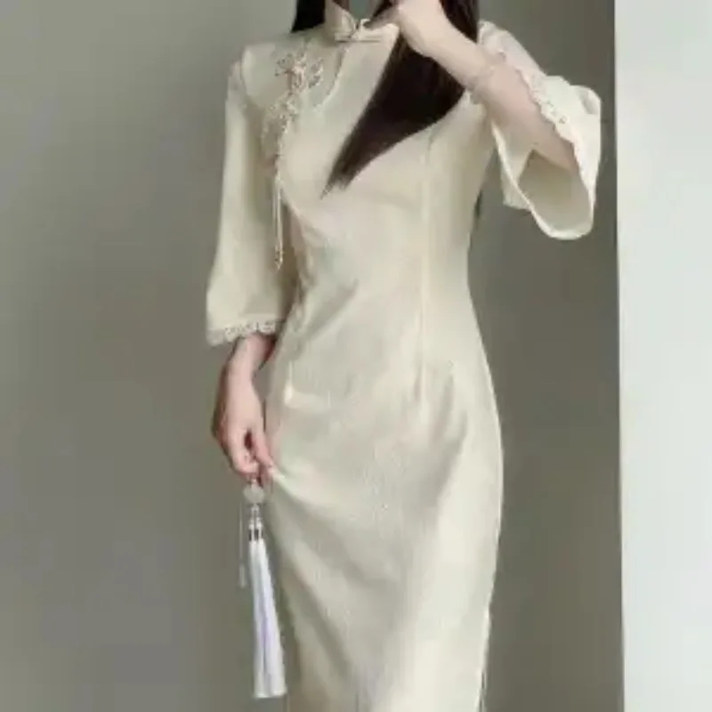 

Women's New Chinese Style Modified Qipao Summer Lace Trim Flare Sleeve Midi Dress Vintage Cheongsam