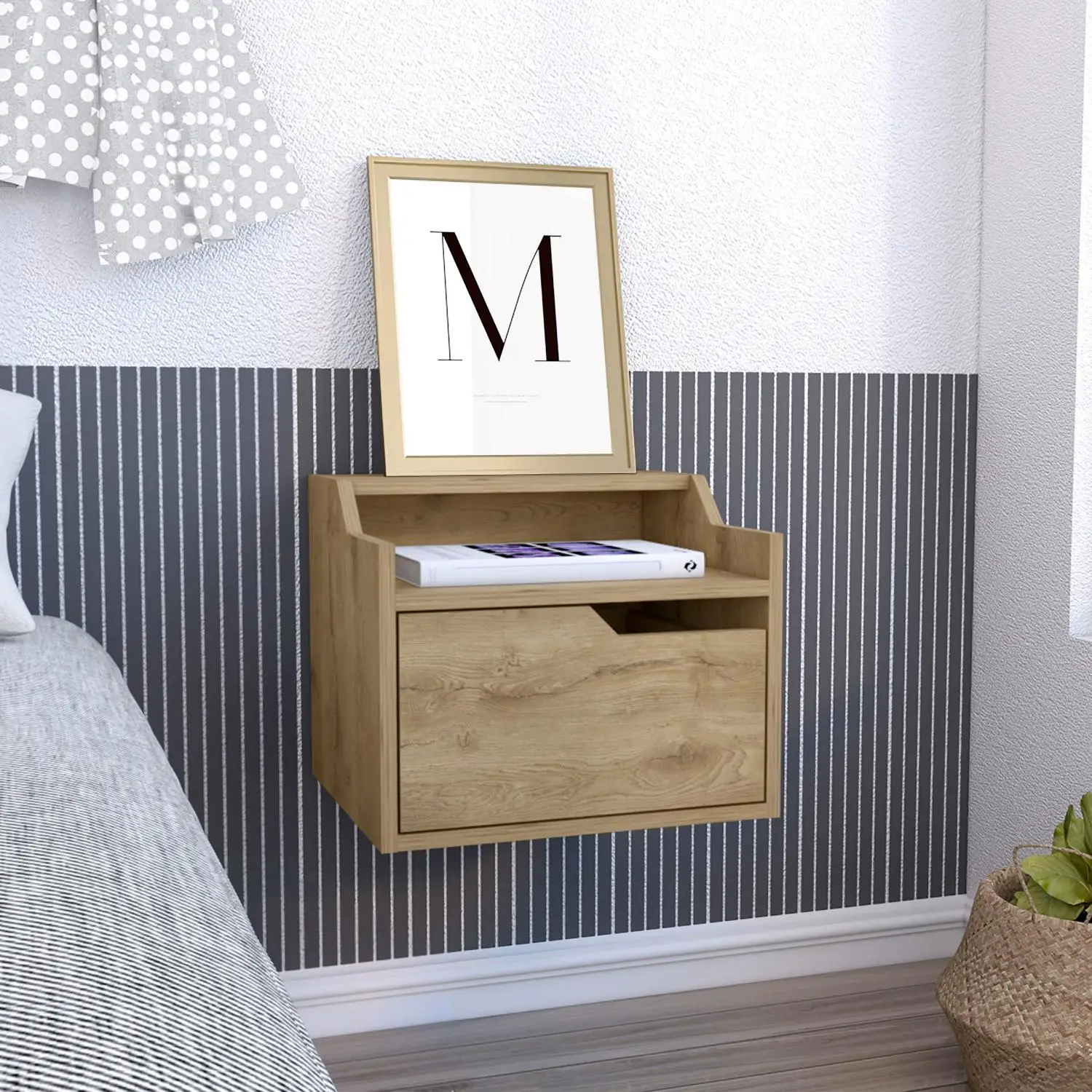 Busan Modern Floating Nightstand, Single-Drawer Design with Sleek Two-Tiered Top Shelf Surfaces Macadamia