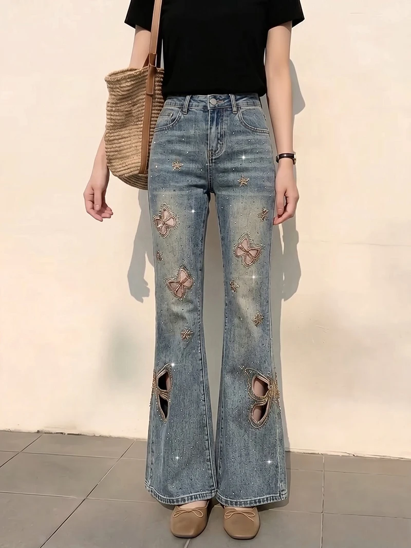 Butterfly Print Ripped Jeans for Women American Style Vintage High Waist Slim Fit Denim Pants Summer Casual Long Flared Pants