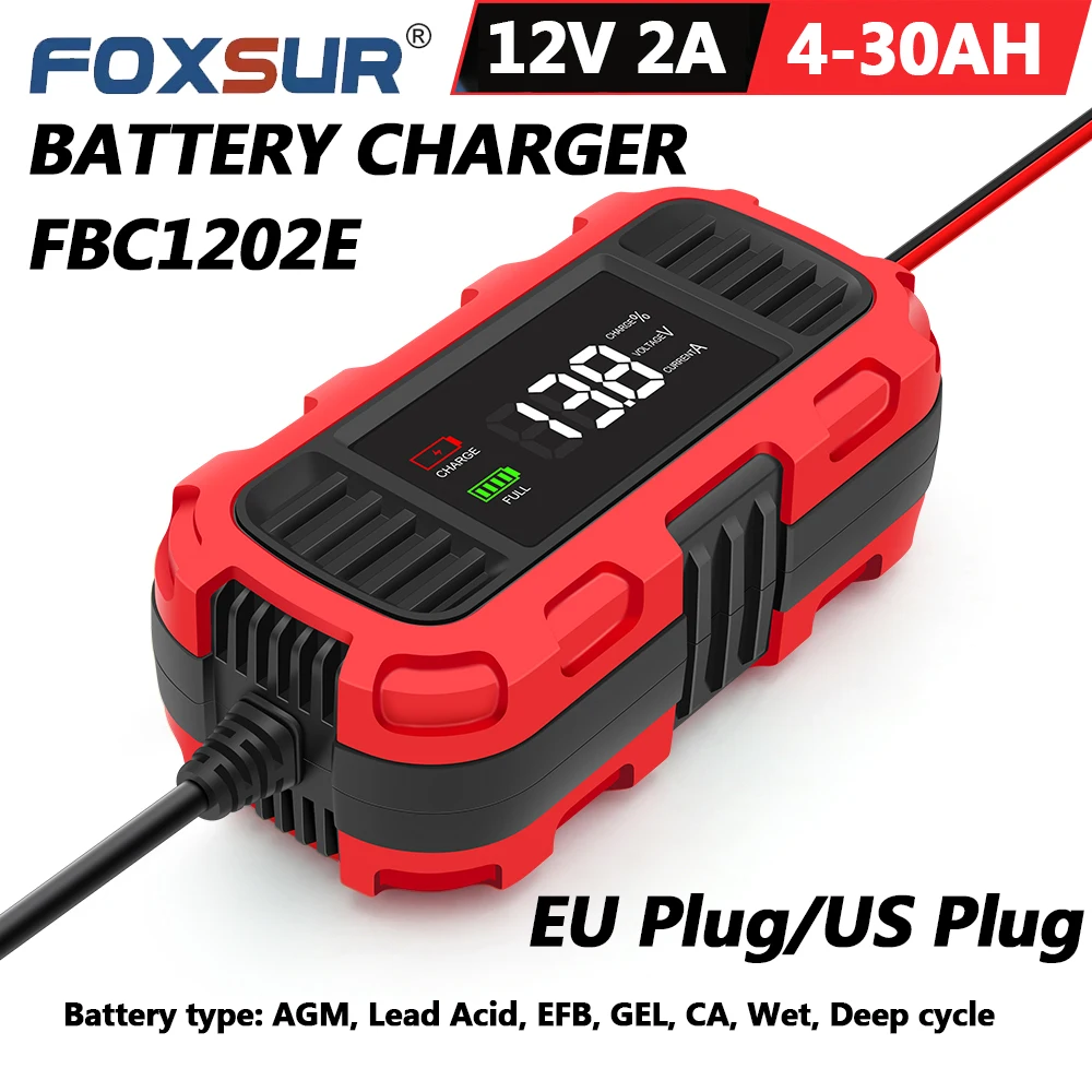 FOXSUR 12V 2A chargeurs de batterie universels 4AH-30AH chargeur de batterie de maintien entièrement automatique pour voiture moto FBC1202E AGM EFB
