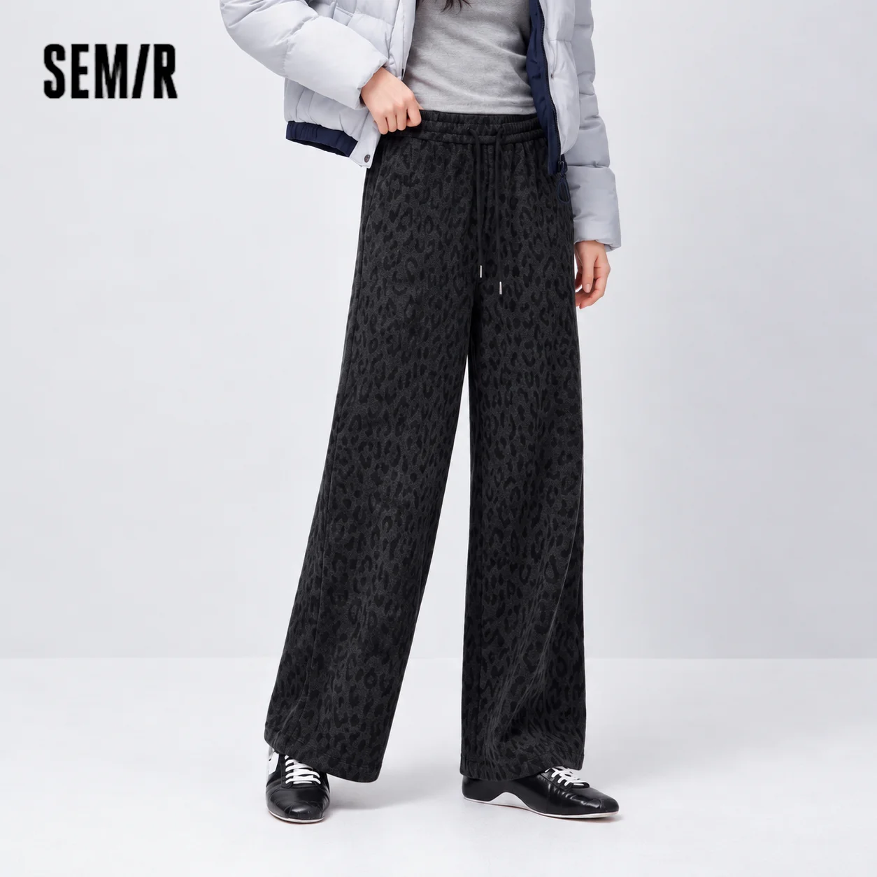 Semir Women Pants Fleece Lined Leopard Print Loose Fit Wide Leg Elastic Waist Street Style Retro Style 2026 Winter Full Length