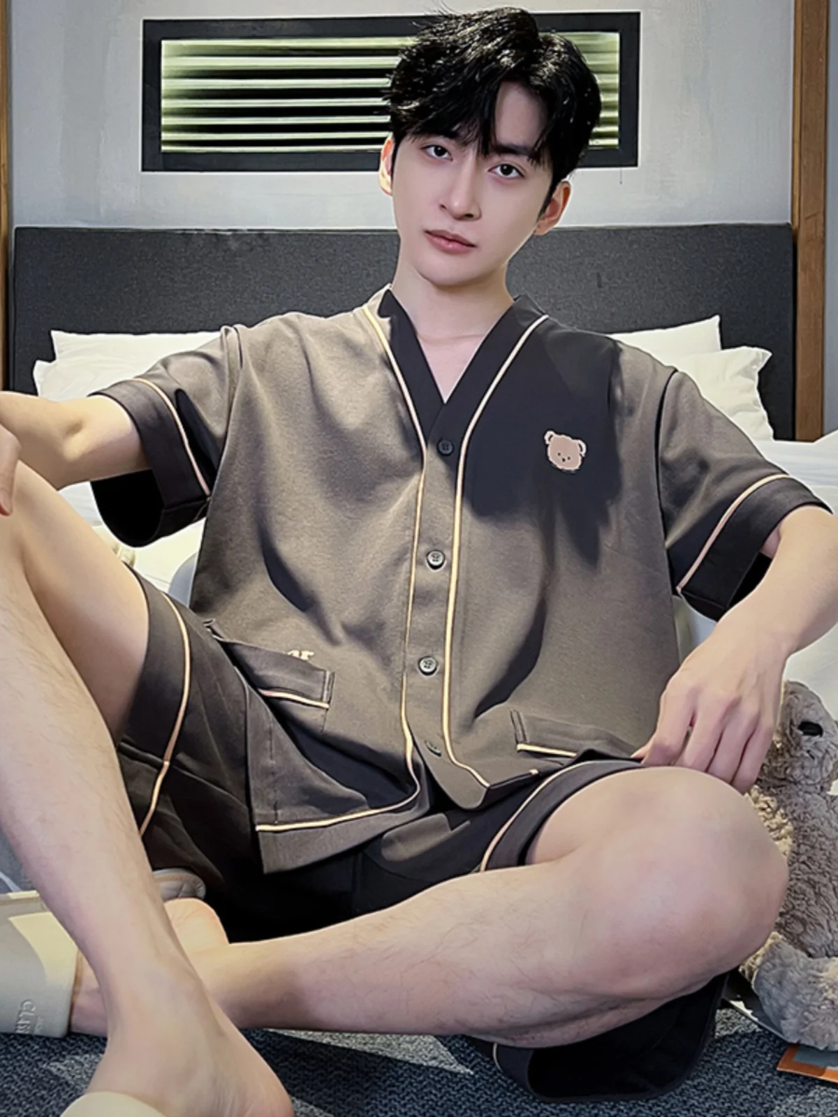 Men's Summer Sleepwear Loose Fit Short Sleeve Pure Cotton Cardigan Casual Home Clothes Set V-Neck Button Front Open Cardigan