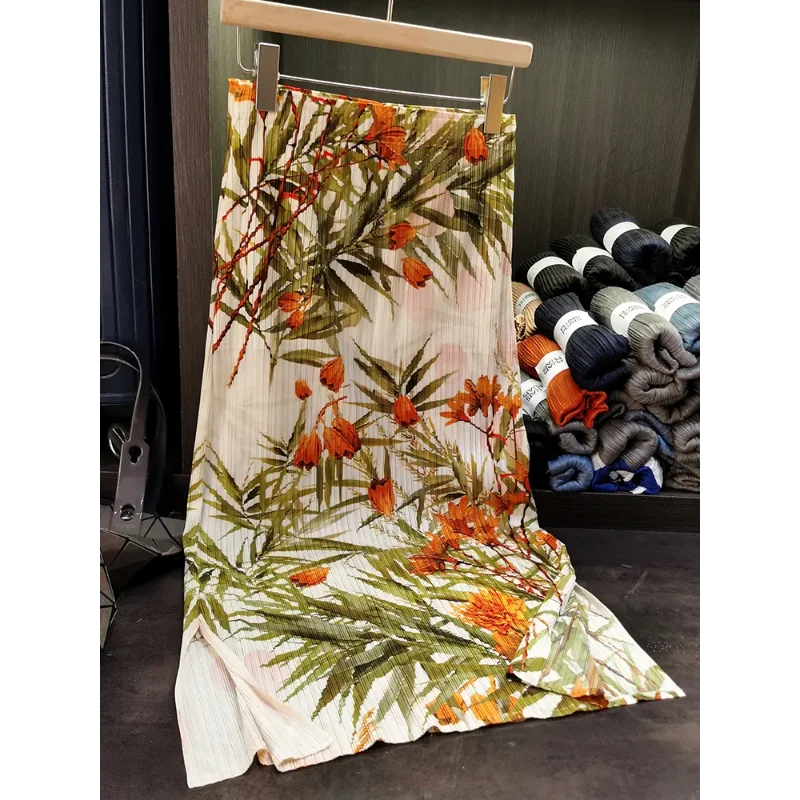 Women's Miyake Style Floral Print Pleated Skirt A-Line Slit Midi Skirt for Summer
