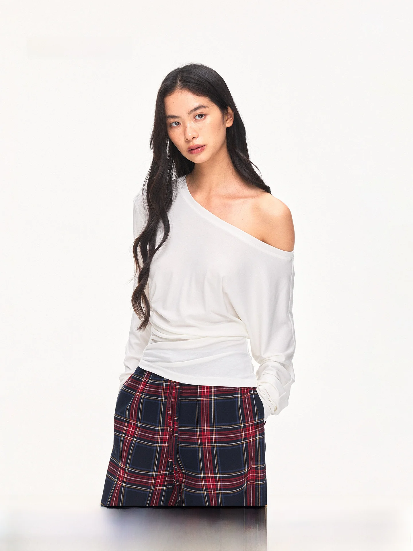 UnderStress Casual Long Sleeve T-Shirt Waist Cinched Folded Design Simple Style Women's Top Polyester Lyocell Fiber Blend