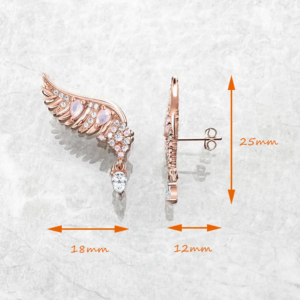 Rose Gold Ear Stud Phoenix Wing with Pink Stones Europe Fine Jewerly For Women Winter Trendy Gift In Pure 925 Sterling Silver