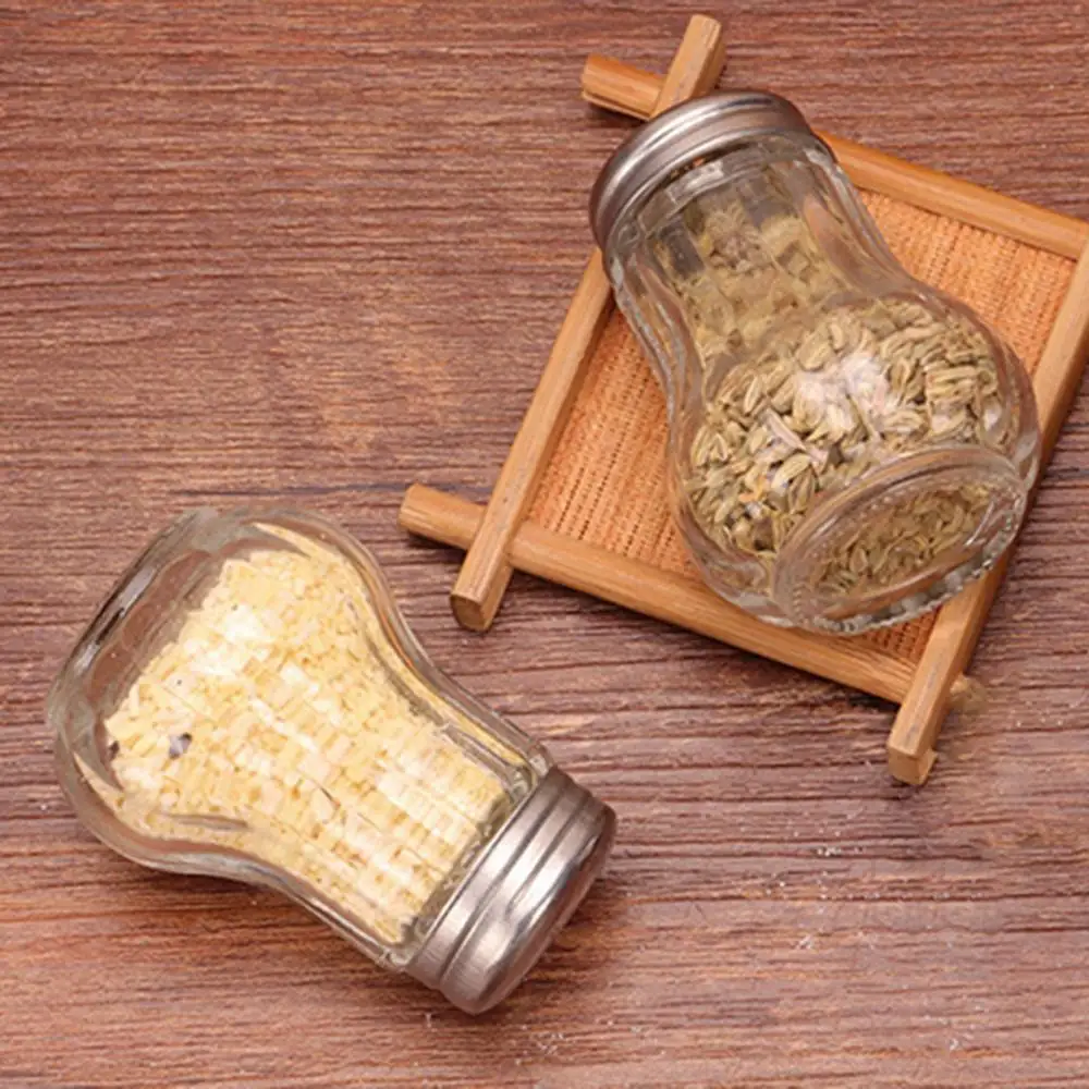2Pcs Kitchen Spice Salt Pepper Seasoning Shaker Jar BBQ Cooking Glass Bottle