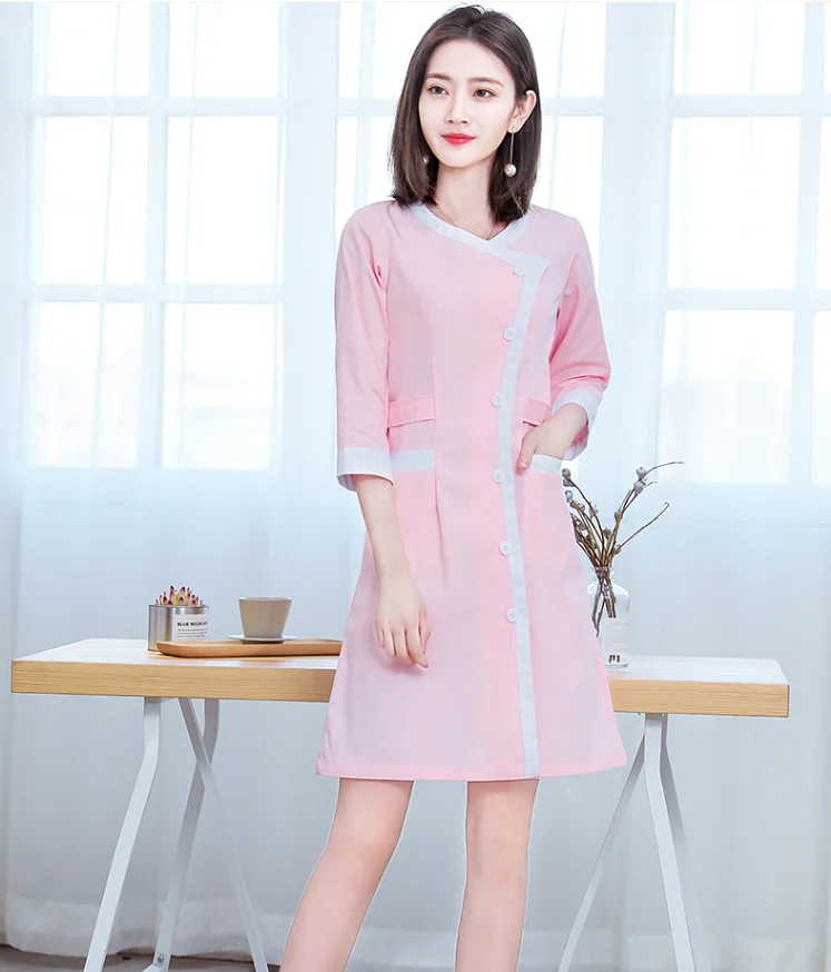 Nurse Summer Workwear Women Front Opening Slim Fit Skincarer Working Uniform Middle Sleeve Spa Clothes Pink Color