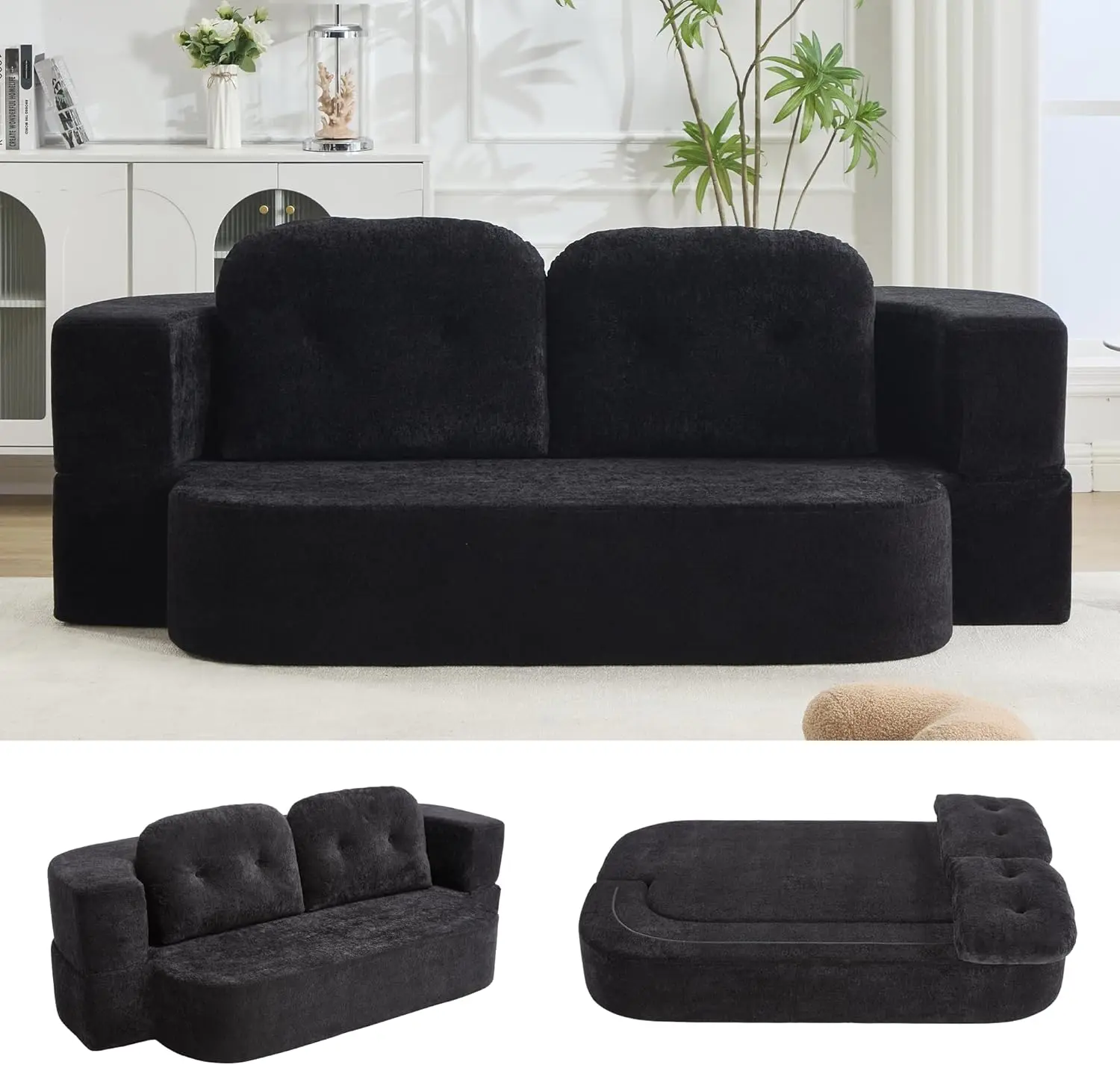 Luxury Black Boneless Couch Sofa With Convertible Bed Function, Modern Living Room & Guest Room Seating, Soft Upholstered Fabric