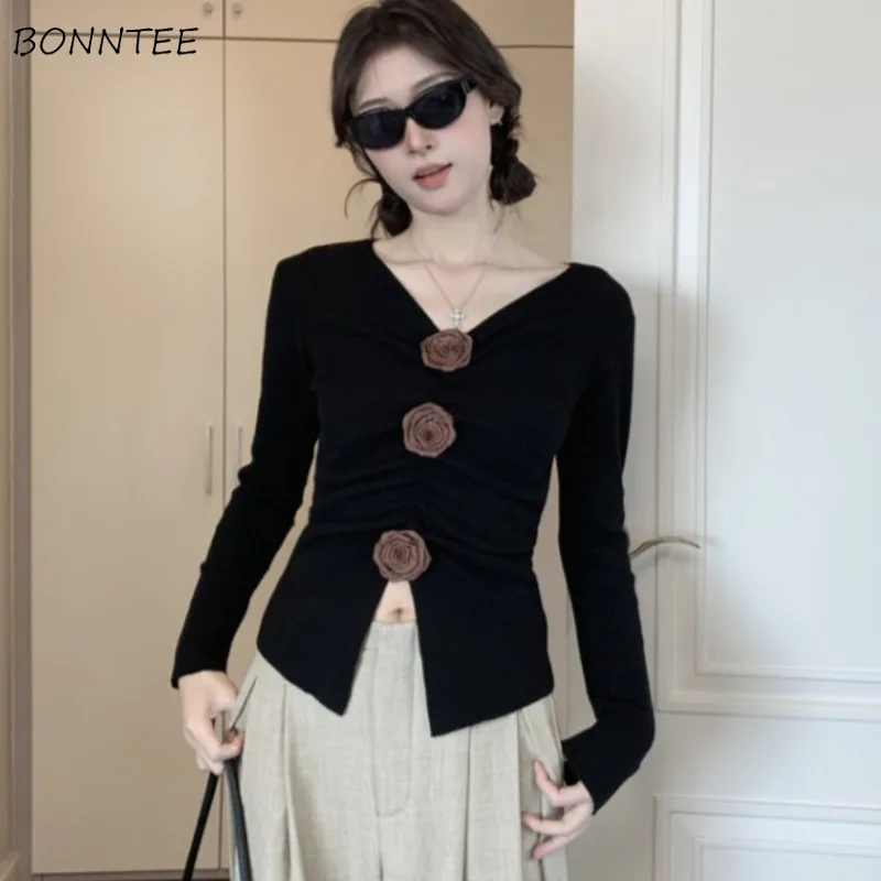 

V-neck Pullovers for Women Trendy All-match Three-dimensional Flower Design Daily Korean Fashion Folds Harajuku Autumn Hotsweet