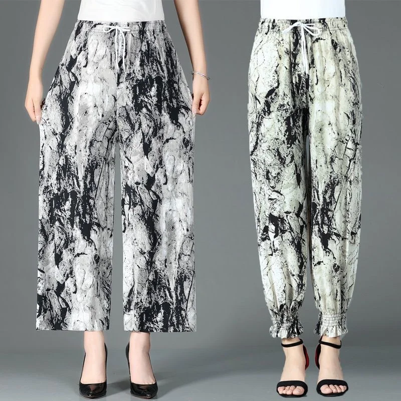 

New Women's Summer Wide Leg Pants Casual Loose High Waist Cropped Pants Middle Age Women Fashion Printed Trousers