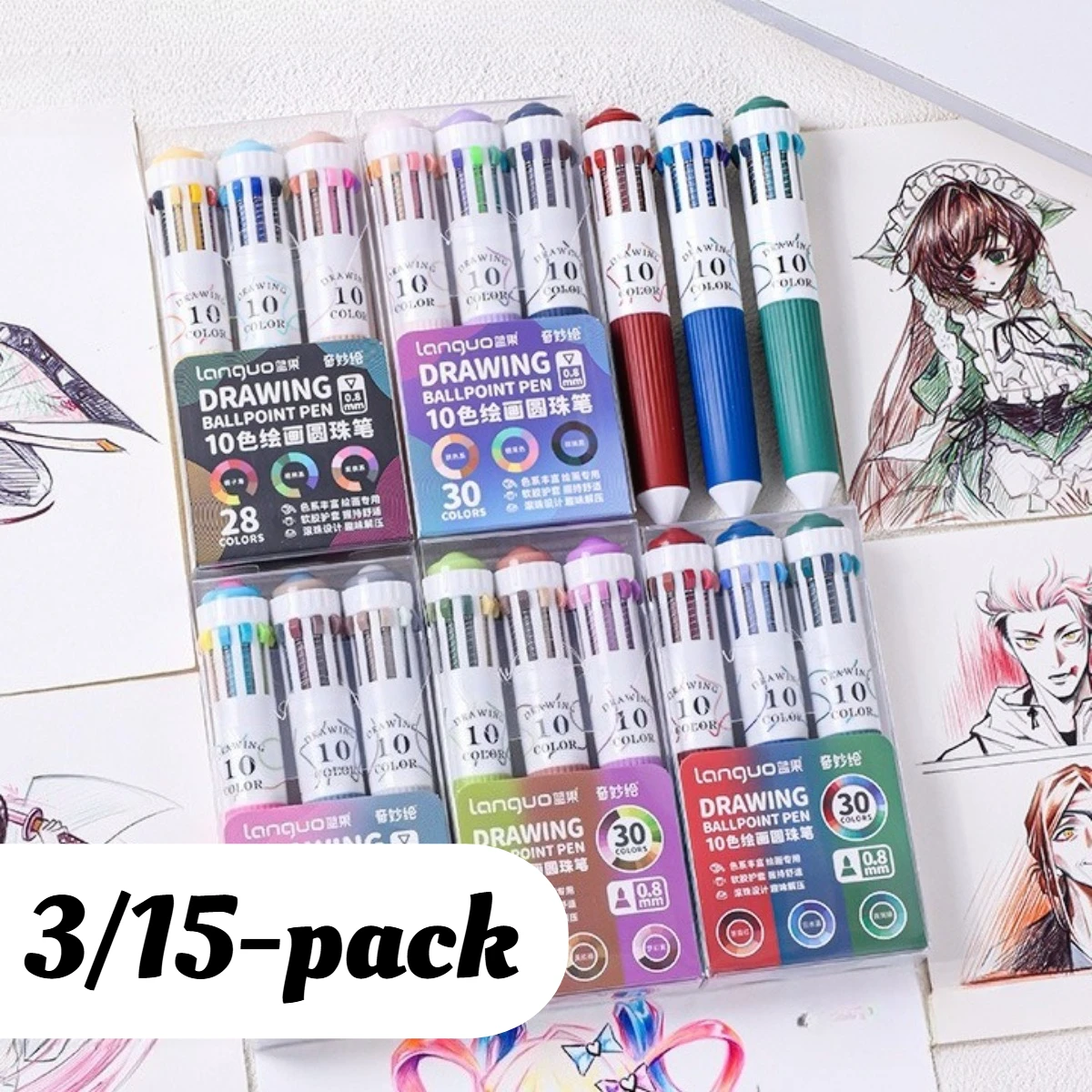 【3/15-pack】10-in-1 Multicolor Ballpoint Pens, Retractable Multi Color Pen in One, Smooth Writing Pens for School Office Supplies