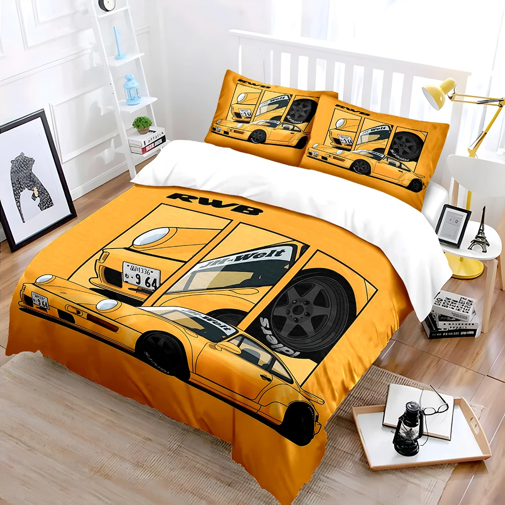 Classic Orange Sports Car Design Bedding Set for Kids Luxury Gift 3pcs Digital Print Comforter Set Soft Comfortable Breathable