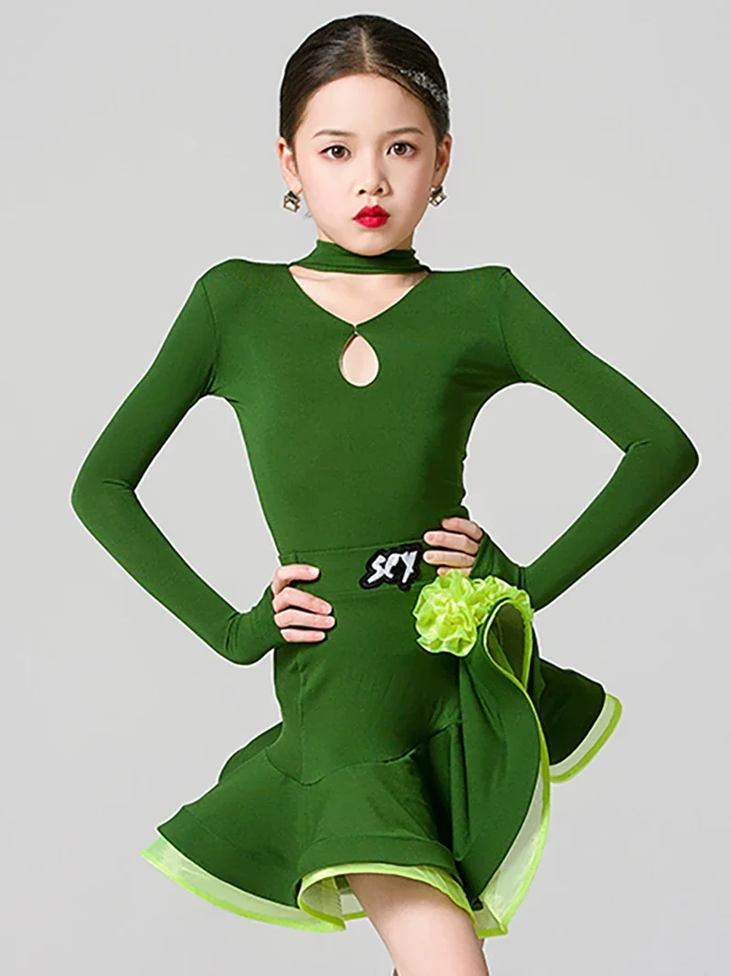 

Green Girls Long Sleeve Cut Out Large Skirt Latin Dance Kids Bodysuit with Skirt Practice Performance Set Dancewear Costume