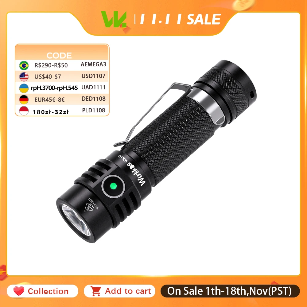 Wurkkos WK03 LED Flashlight 18650 Torch 1800LM ATR Luminus SST40 Rechargeable USB C Light IP68 Waterproof for Hiking Camping