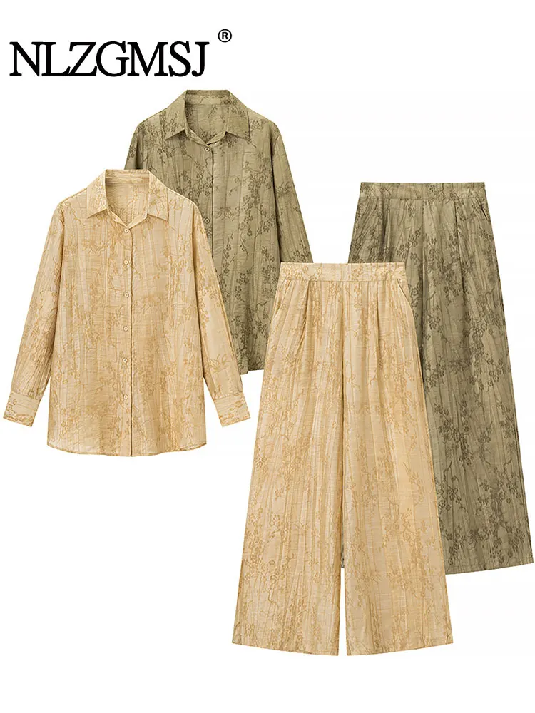 

NLZGMSJ 2025 винтажный повседневный шикарный женский костюм с цветочным принтом, рубашка с длинным рукавом, широкие брюки, новый модный повседневный костюм для отпуска