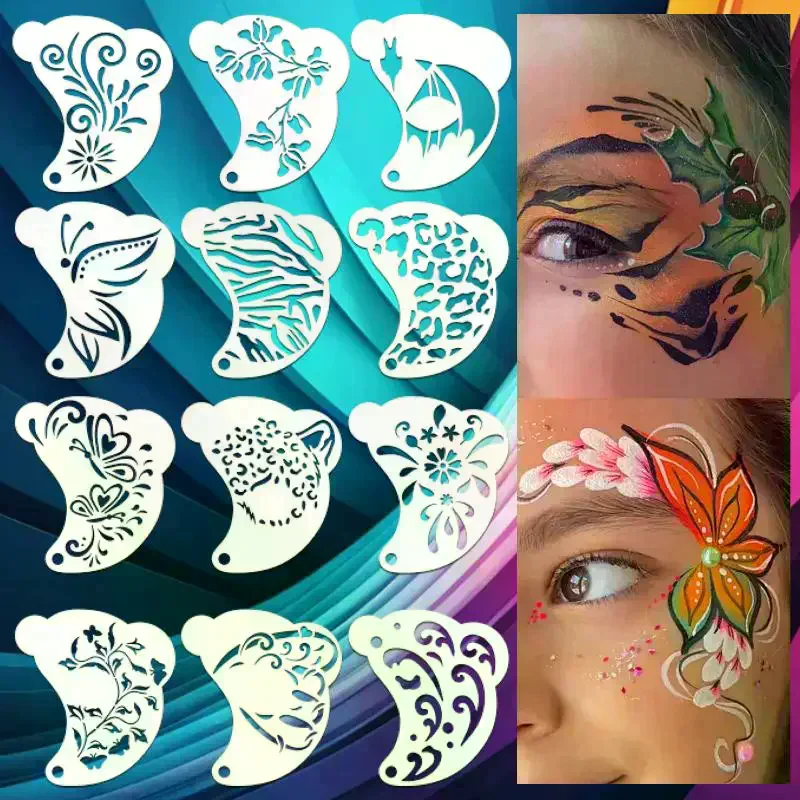 Face Painting Tattoo Stencil Set Reusable Hollowed Body Art Paint Stencils DIY Eyebrow Templates Hand Drawn Spray Painting 16Pcs