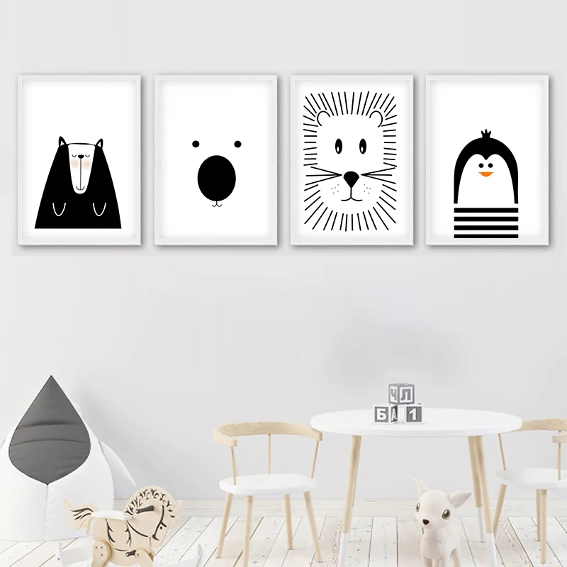 Funny Illustration Bear Lion Animal Wall Art Poster and Print Black and White Kids Wall Picture for Kid's Room Home Decor