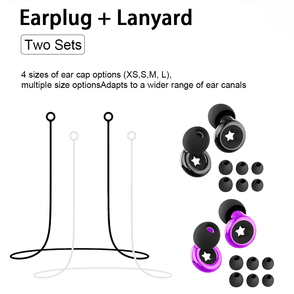 Noise Isolation Silicone Earplugs Kit, 2 Pairs Ear Plugs + 2 Silicone Anti Lost Ropes, Ideal for Travel and Work,Sleeping