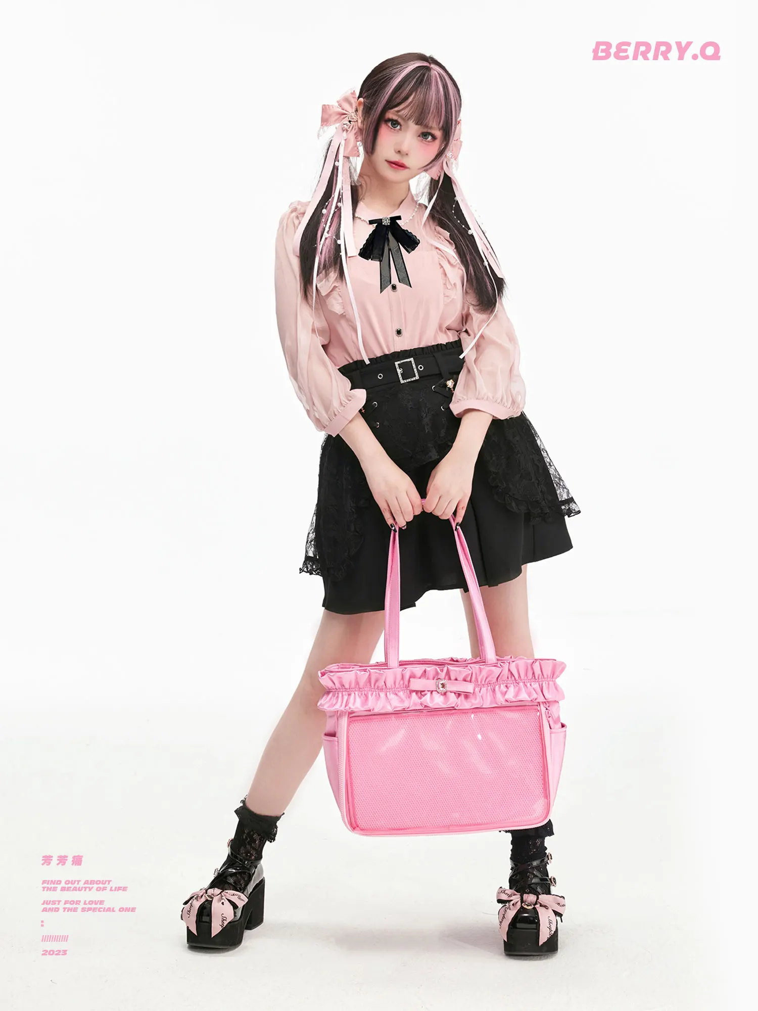 Japanese Original Satin Lolita Frilly Lta Bag Girl Style Tote Big Bags 14 Inch Large Capacity Shoulder Lace Handbag for Women