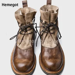 Vintage Round Toe Handmade Boots for Men British Style Leather Cowhide Men's Lace-Up High Top Brown High Quality Booties