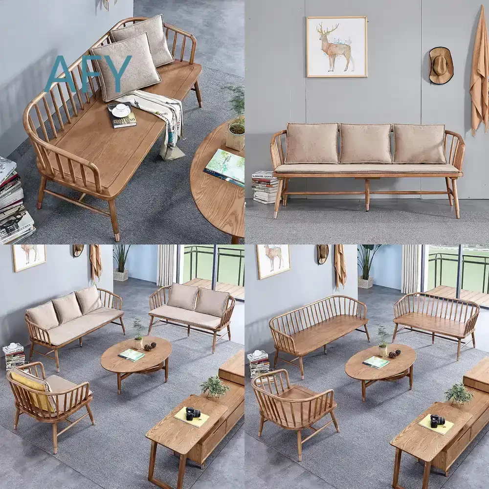 Nordic Style Solid Wood Sofa for Small Apartments Modern Minimalist 3 Seater Living Room Ash Wood Sofa All Season Use