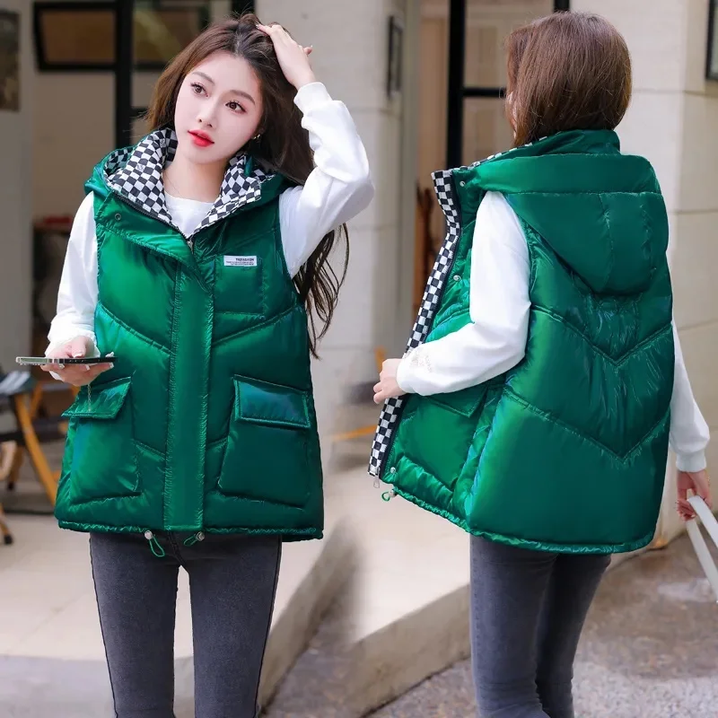 

Winter Sleeveless Vests Coats Women Down Cotton Jacket Oversized Loose Casual Vest Autumn 2023 New Female Hooded Waistcoat