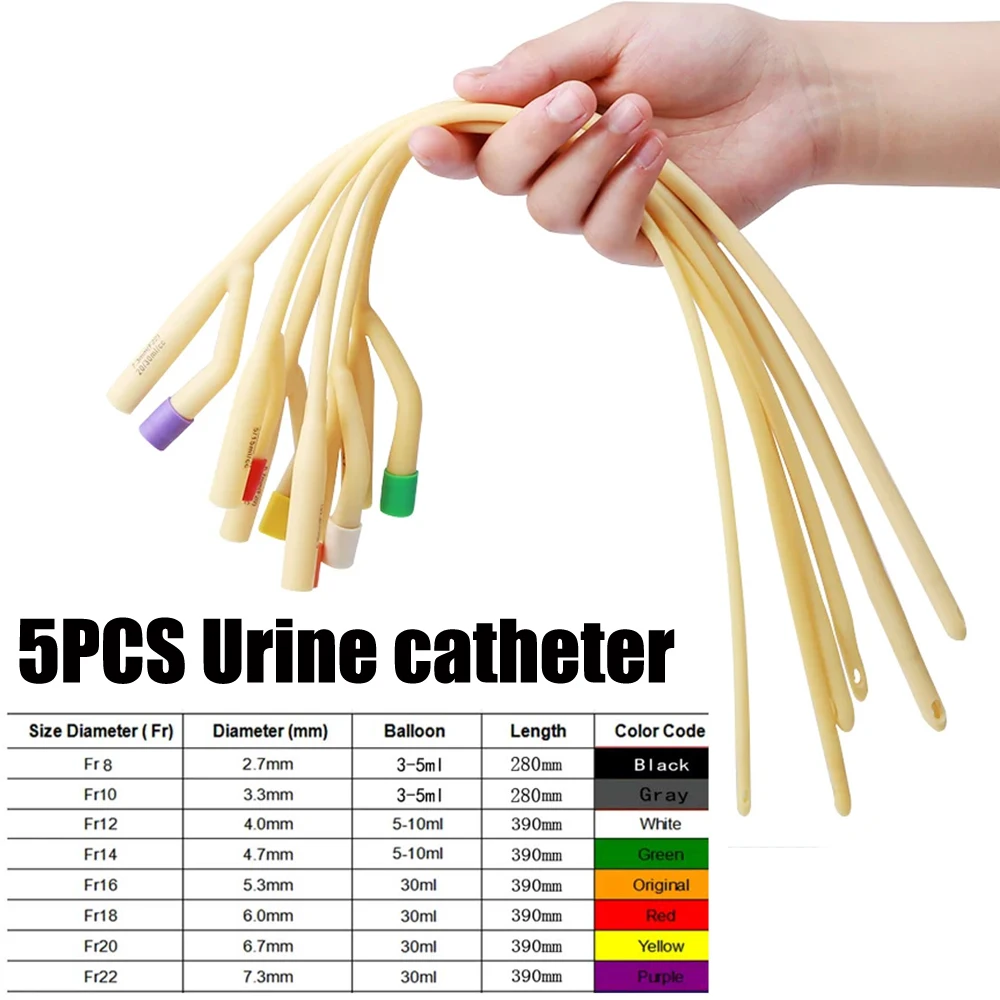 5pcs 2 Way Balloon Latex Foley Catheter Sterilized Urethral Latex Catheter with Soft Valve Disposable Sterile Male 8FR-22FR