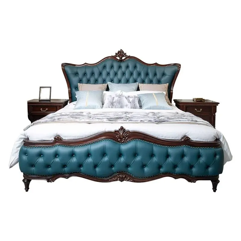 

Leather walnut double bed, solid wood bed, modern minimalist bedroom furniture, bed